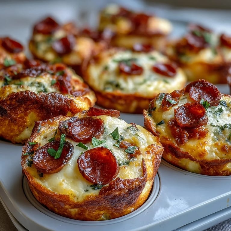 These golden-baked High-Protein Pepperoni Breakfast Cups feature a fluffy egg and Greek yogurt base, ideal for a low-carb meal prep breakfast.