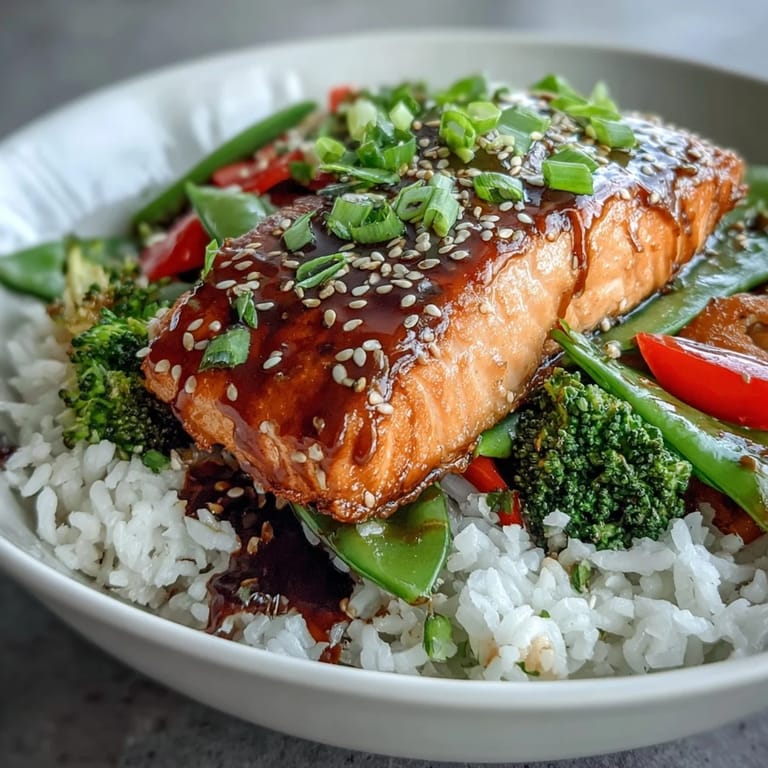 Glazed teriyaki salmon fillets served with crisp vegetables and fluffy rice in a satisfying, balanced meal.  