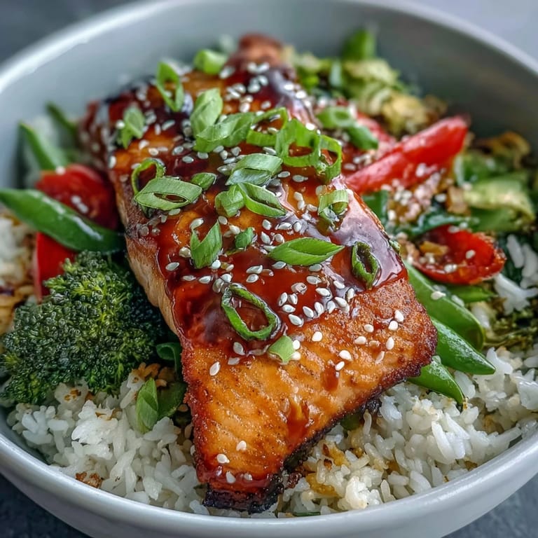 Savory-sweet teriyaki salmon paired with fresh stir-fried veggies and jasmine rice for a healthy Japanese-inspired dish.