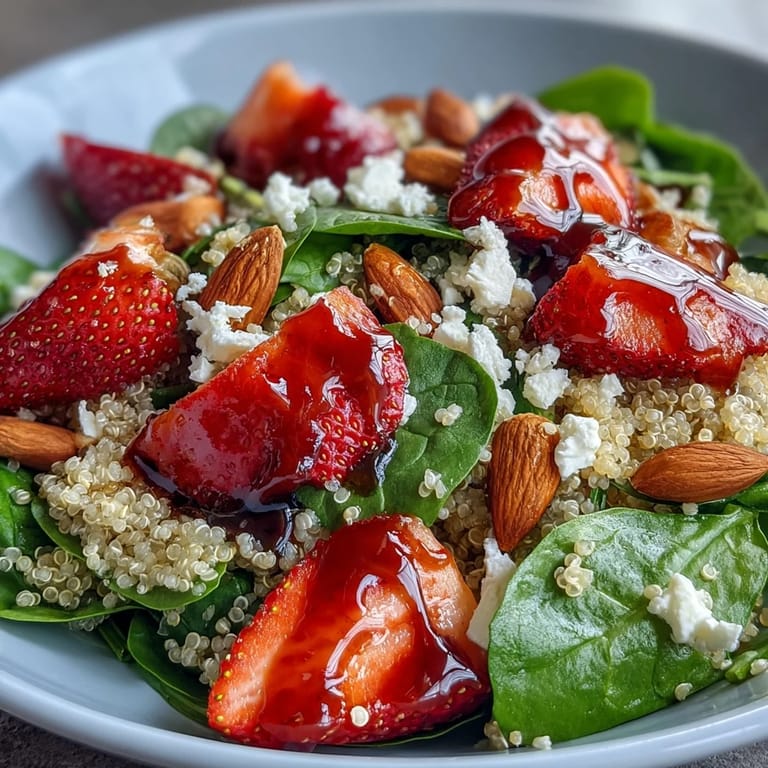 This wholesome strawberry spinach quinoa salad is bursting with juicy berries, tender greens, and nutty quinoa, finished with a drizzle of sweet-tart balsamic dressing.