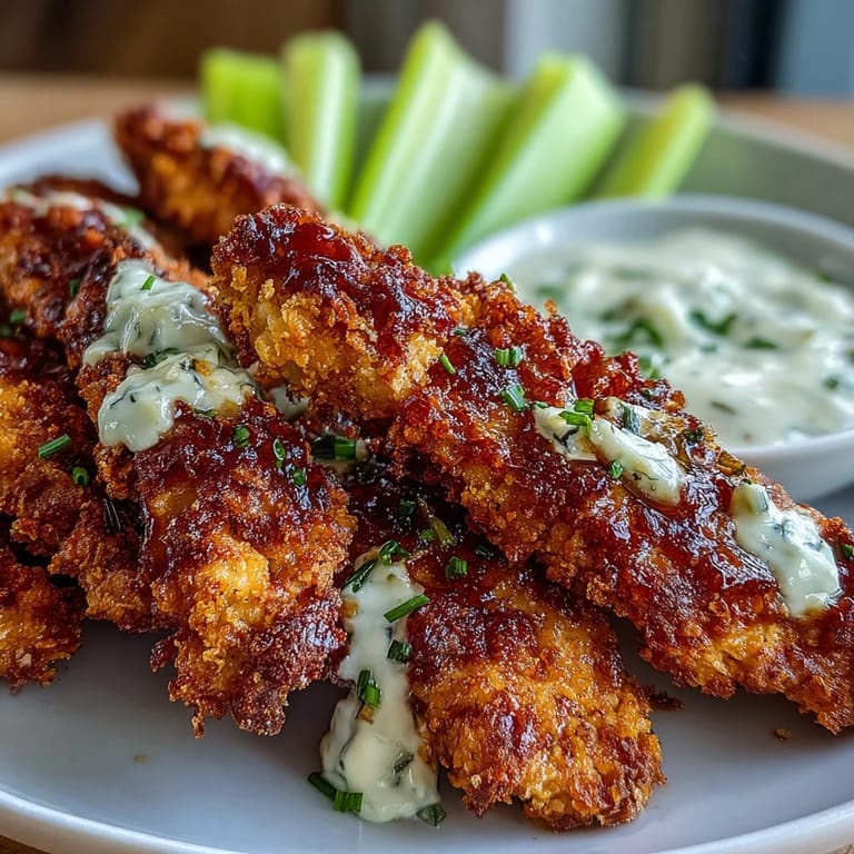 Crispy almond flour-crusted chicken tenders drenched in tangy buffalo sauce, paired with fresh celery and rich, herbed ranch dip—perfect for keto-friendly snacking.