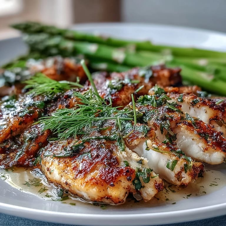 Flaky baked tilapia seasoned with fresh parsley and dill, accompanied by vibrant green steamed asparagus and lemon wedges.