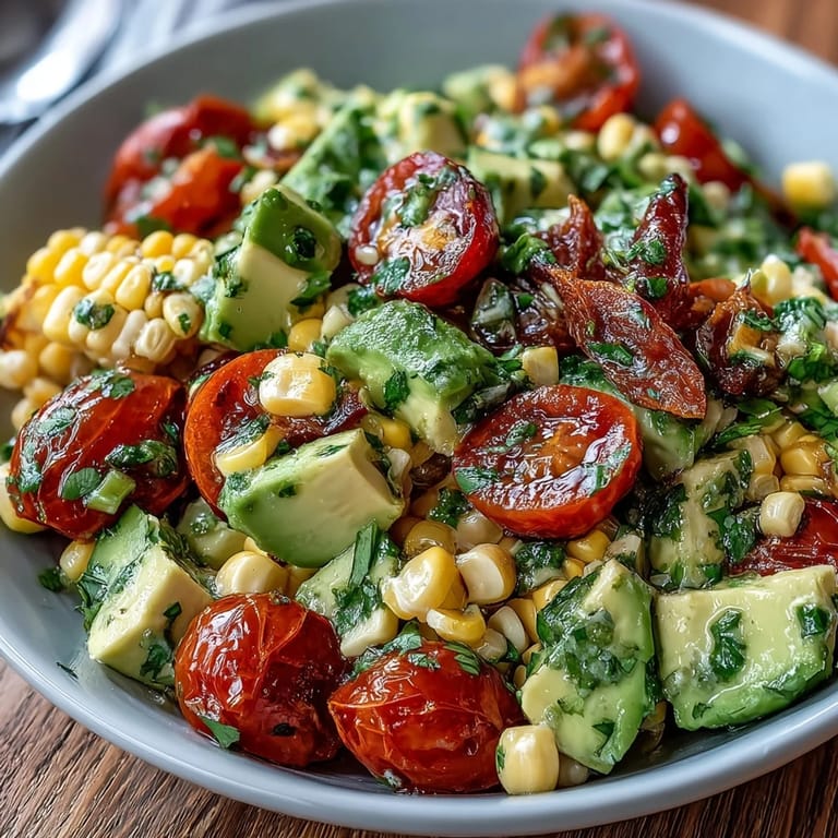 Colorful fresh corn and tomato salad with diced avocado and red onion, tossed in a zesty lime vinaigrette for a refreshing side dish.  