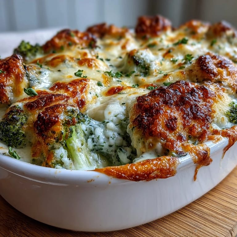 Easy keto dinner bake with bubbly cheese topping and savory herb-seasoned chicken and broccoli.