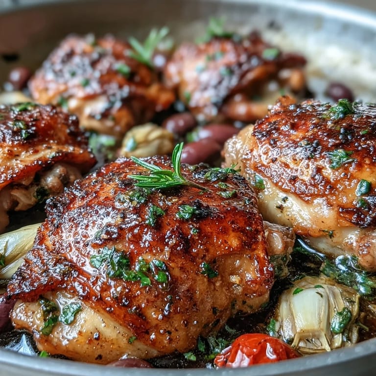 One-Pan Mediterranean Chicken with Olives and Artichokes: juicy bone-in chicken baked with briny Kalamata olives, tender artichokes, and zesty lemon for a simple dinner.  
