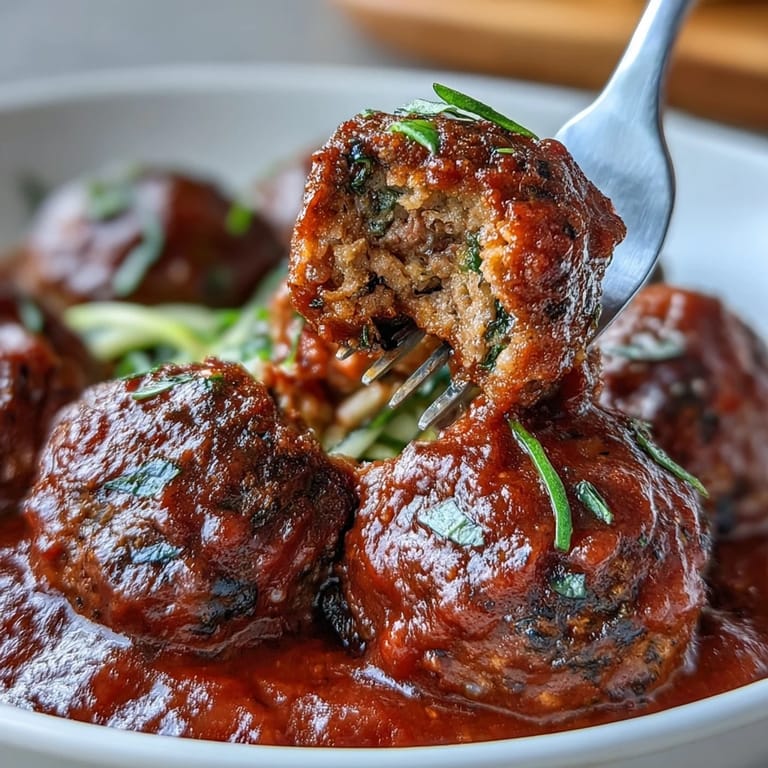 Plant-based lentil meatballs with smoked paprika and marinara over spiralized zucchini noodles.  