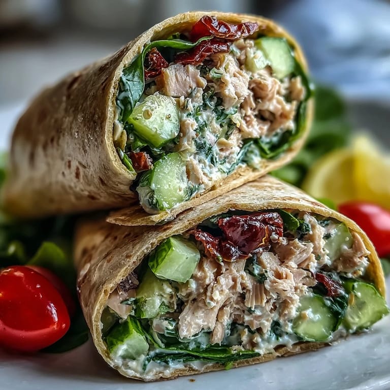 Protein-packed no-mayo tuna and white bean wrap with cucumber, tomatoes, and baby spinach for a healthy lunch.  