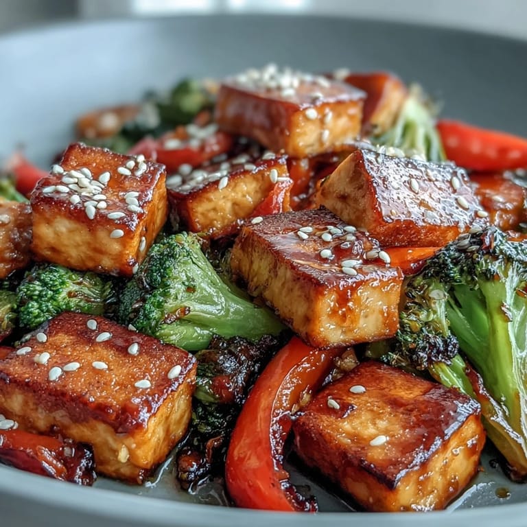 Oven-baked tofu and vegetables tossed in homemade teriyaki glaze, garnished with sesame seeds and green onions.  