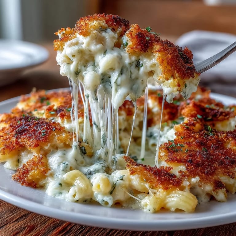 Rich Four-Cheese Mac & Cheese Bake featuring melted cheddar, Gouda, mozzarella, and blue cheese for ultimate comfort.  