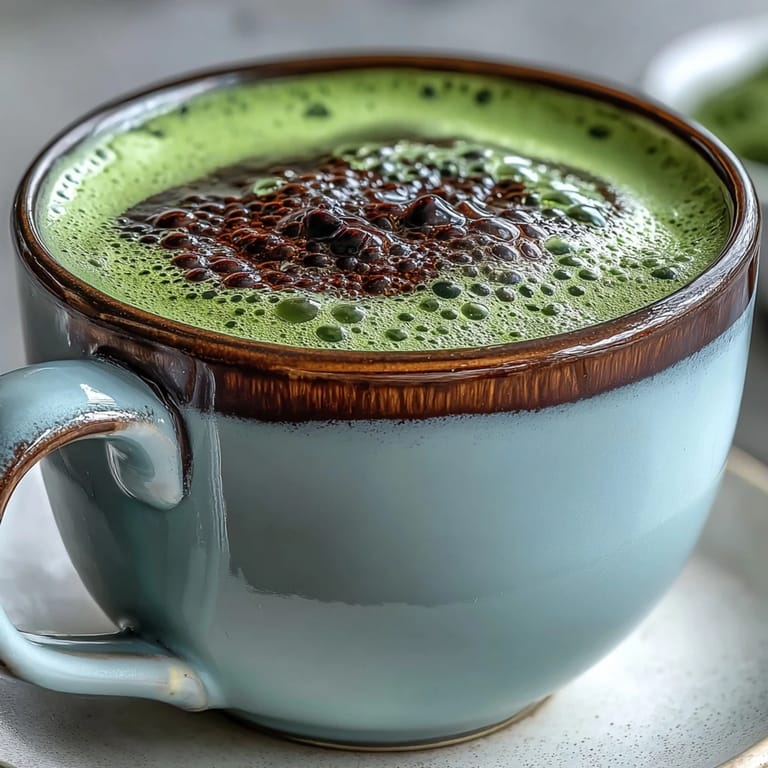 Two steaming mugs of black sesame matcha latte, garnished with a sprinkle of ground sesame and vibrant green matcha dust.  