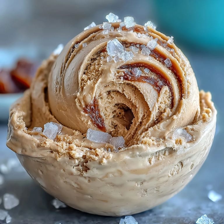 Nutty tahini ice cream base with sweet Medjool date swirls, topped with sea salt for a Middle Eastern-inspired dessert.