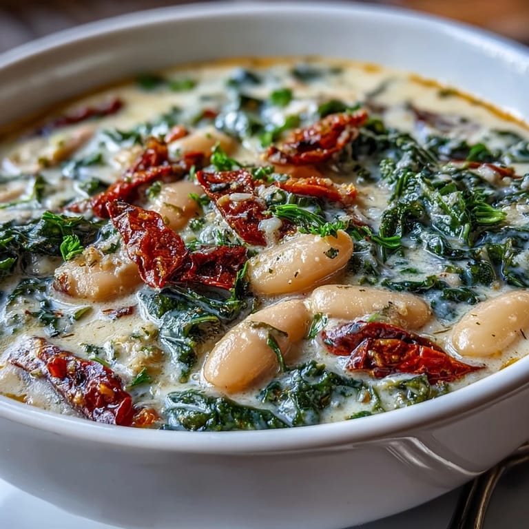 Luscious plant-based Tuscan soup with white beans, kale, and sun-dried tomatoes, perfect for cozy meals.