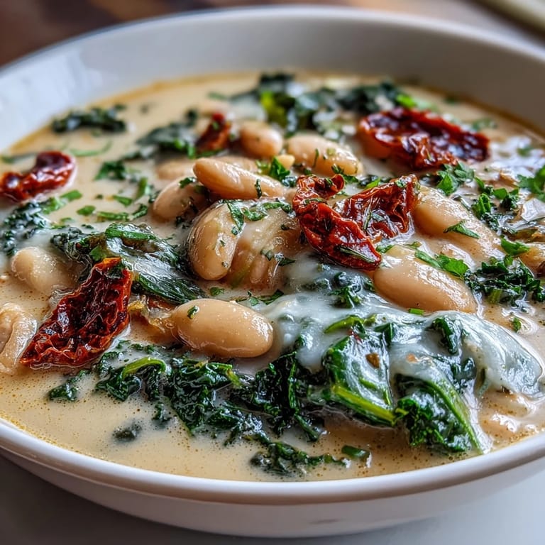 Hearty vegan Tuscan soup featuring tender beans, lacinato kale, and fragrant herbs in a rich cashew base.  