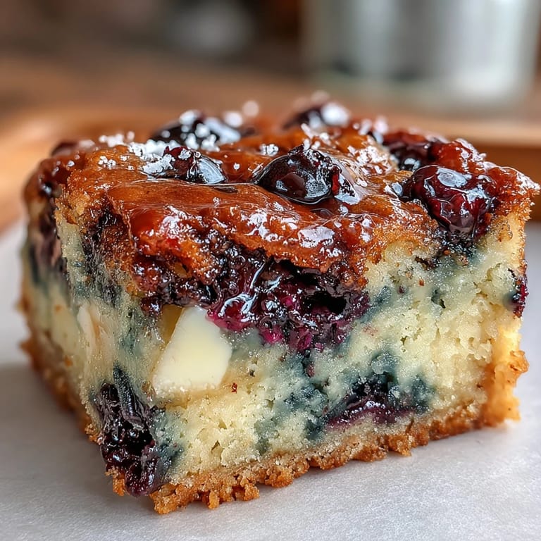 Soft, buttery blondies dotted with plump blueberries, cut into neat squares for a delightful fruity treat.