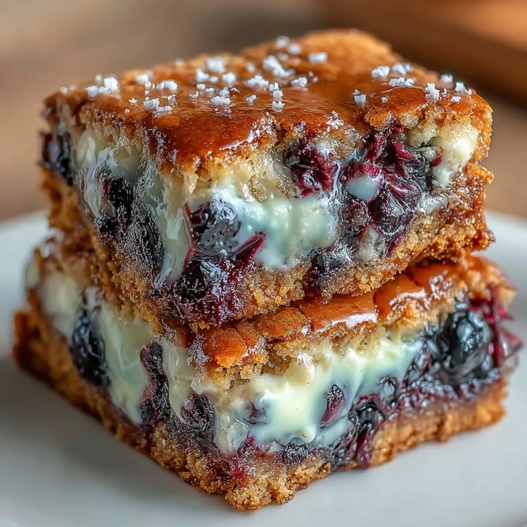 A tray of rich blondies filled with fresh blueberries, their golden tops glistening and edges slightly crisp.