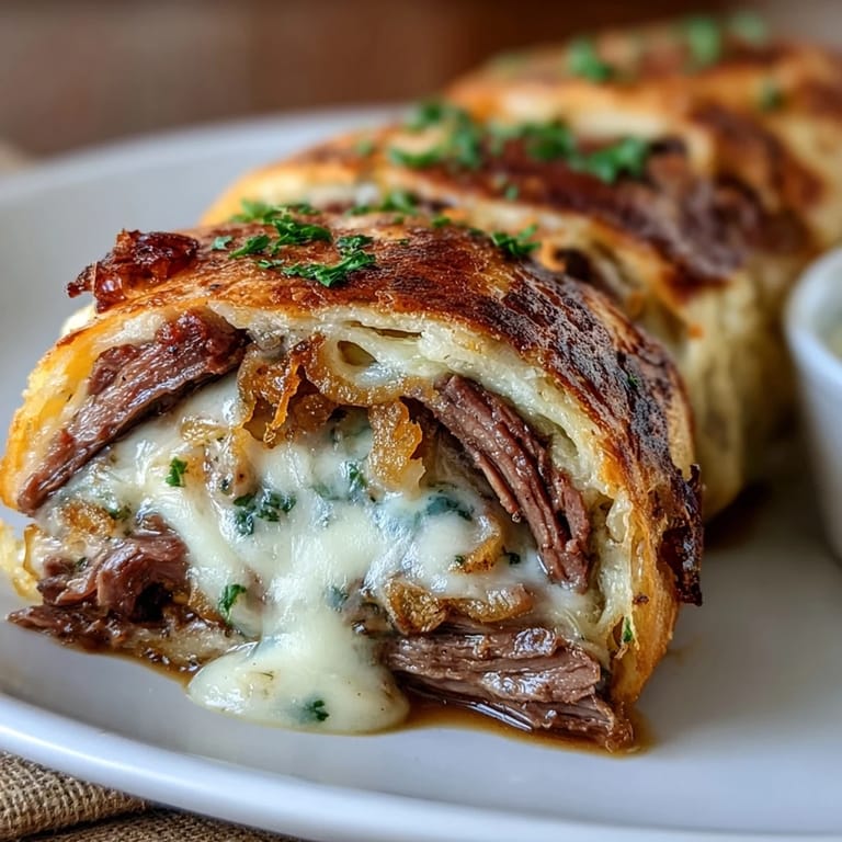 Golden baked tortilla roll ups packed with tender roast beef, melted provolone, and crunchy fried onions, paired with savory au jus for dipping.