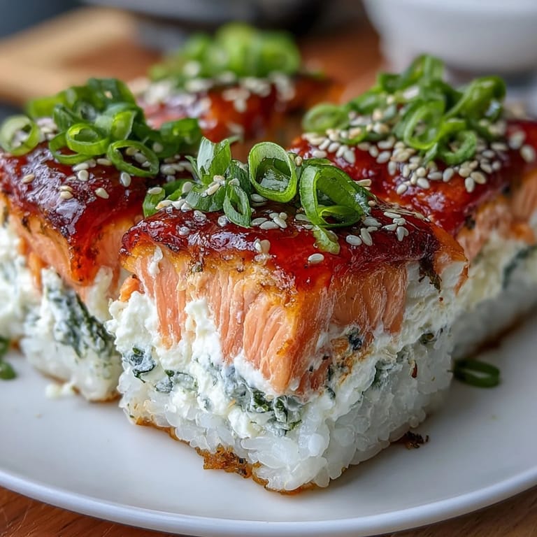 Deconstructed salmon sushi roll casserole with cream cheese, imitation crab, and Sriracha mayo, baked and served with crispy seaweed sheets.