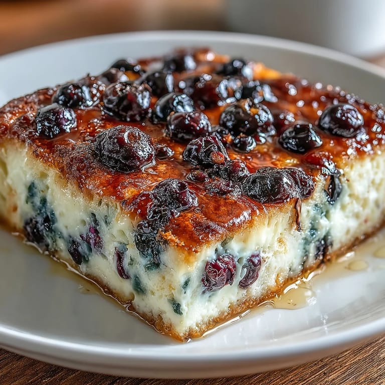 Protein-rich cottage cheese breakfast casserole with fresh blueberries and warm cinnamon aroma.  