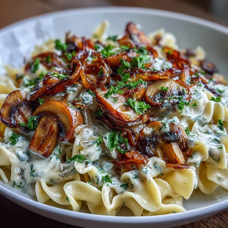 Sautéed onions and mushrooms in a silky sour cream sauce, spooned generously over wide egg noodles.  