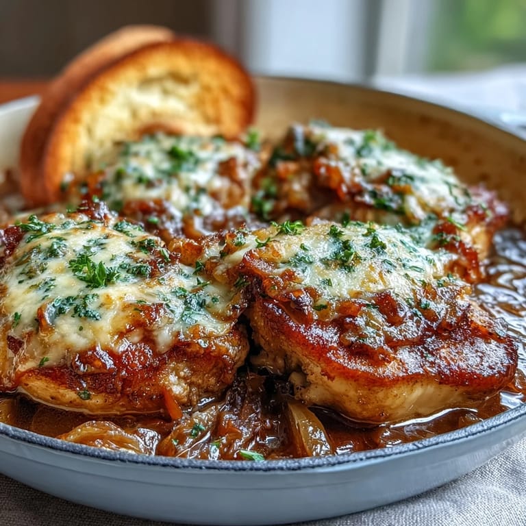 Tender chicken thighs nestled in rich onion gravy, finished with toasted sourdough bread and melted cheese for a comforting French onion twist.