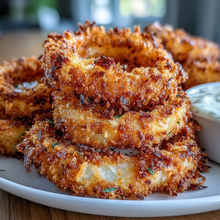 Oven-baked onion rings served with a smoky paprika dip, perfect for guilt-free snacking or appetizers.