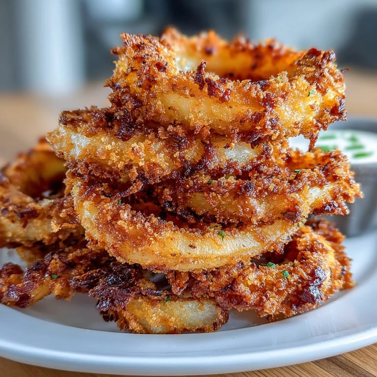 Golden onion rings coated in panko and paired with a creamy, smoky paprika dipping sauce.