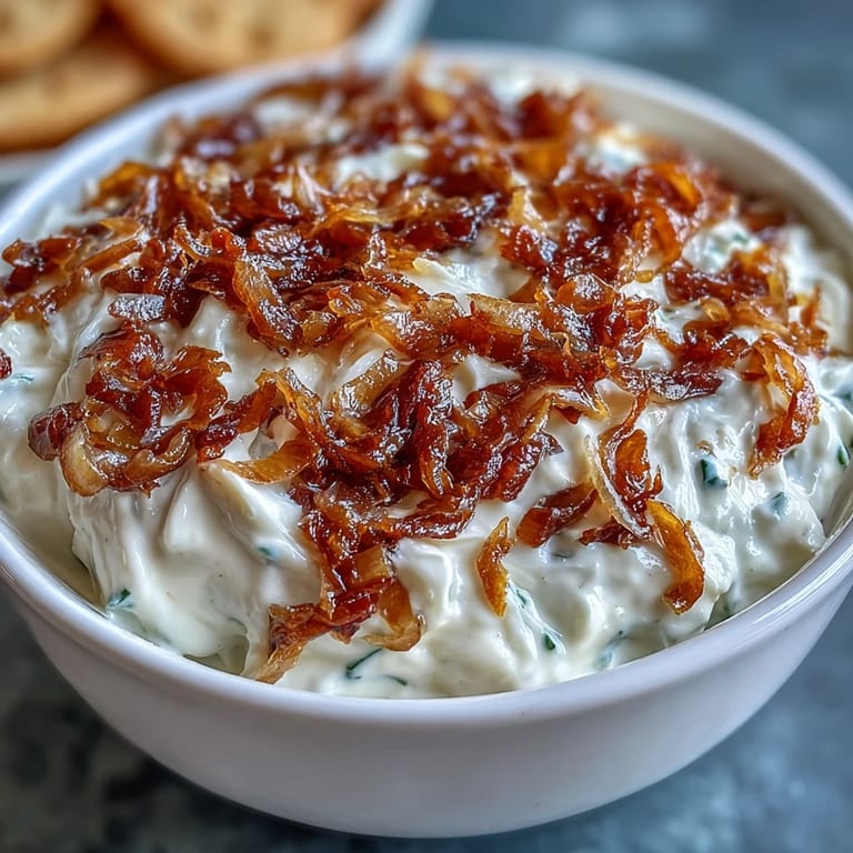 Velvety caramelized onion dip blended with Greek yogurt and herbs, ideal for parties and casual snacking.