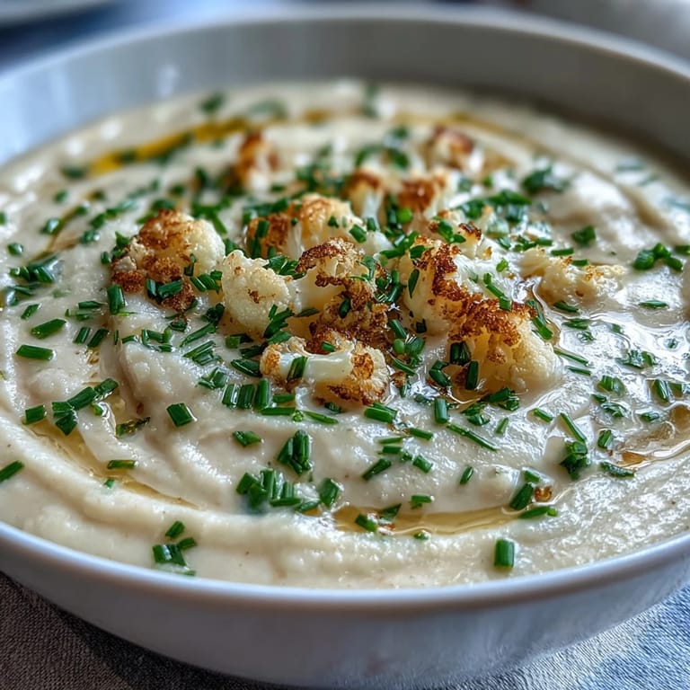 Silky smooth cauliflower soup with caramelized onions, garnished with a drizzle of olive oil and parsley.  
