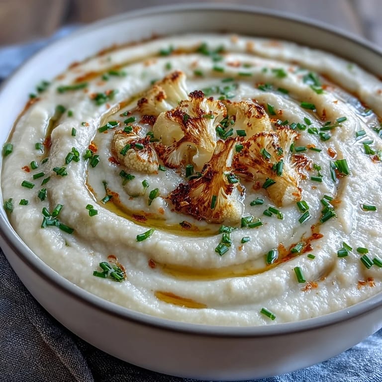 Velvety onion and cauliflower soup served hot, topped with a sprinkle of nutmeg and fresh herbs.