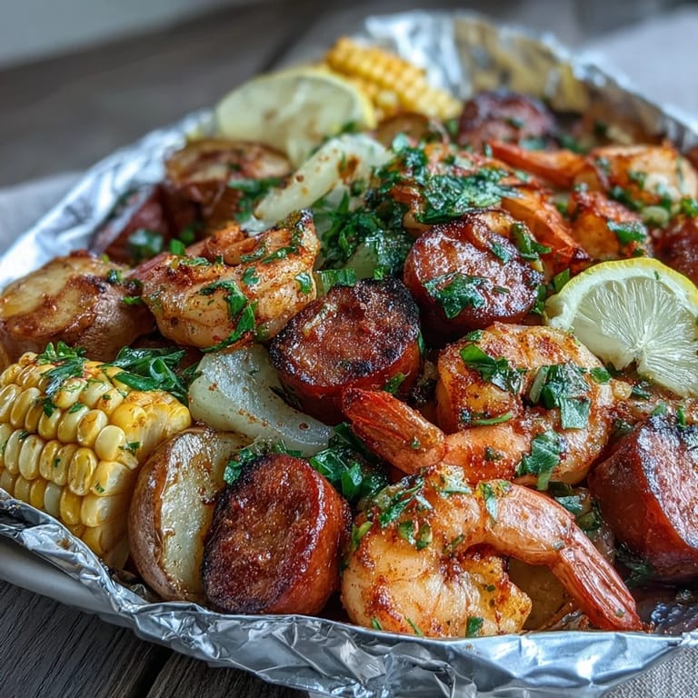 Easy onion boil foil packet meal with juicy shrimp, smoky sausage, and seasoned vegetables, perfect for a quick weeknight dinner.  