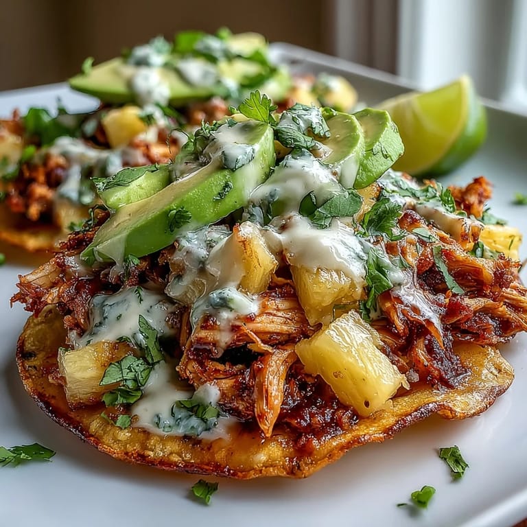 Golden tostada shells layered with seasoned chicken, sweet pineapple salsa, and tangy lime crema for a fresh meal.