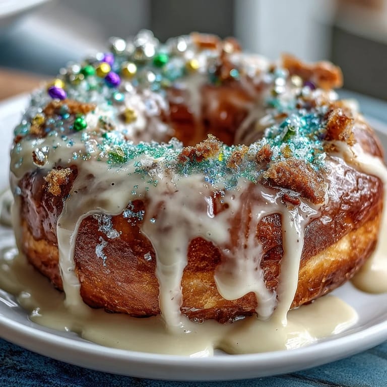 Baked King Cake donuts topped with a sweet vanilla glaze and traditional green, purple, and gold sprinkles for a New Orleans-inspired treat.