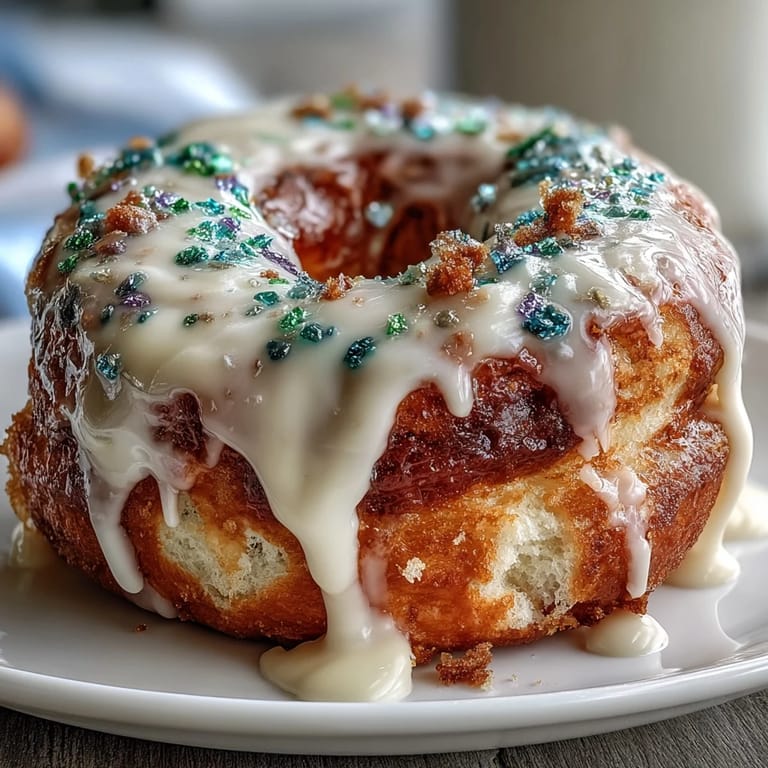 Soft King Cake donuts decorated with festive Mardi Gras sprinkles, featuring a buttery vanilla glaze and hints of cinnamon and nutmeg.