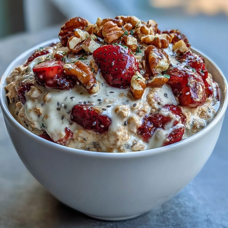 Creamy overnight oats with mashed banana, strawberries, and crunchy walnuts for a healthy breakfast treat.