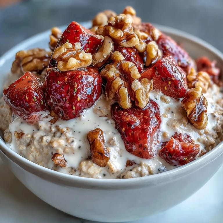Wholesome jar of banana bread-inspired overnight oats layered with diced strawberries and walnuts for a satisfying morning meal.