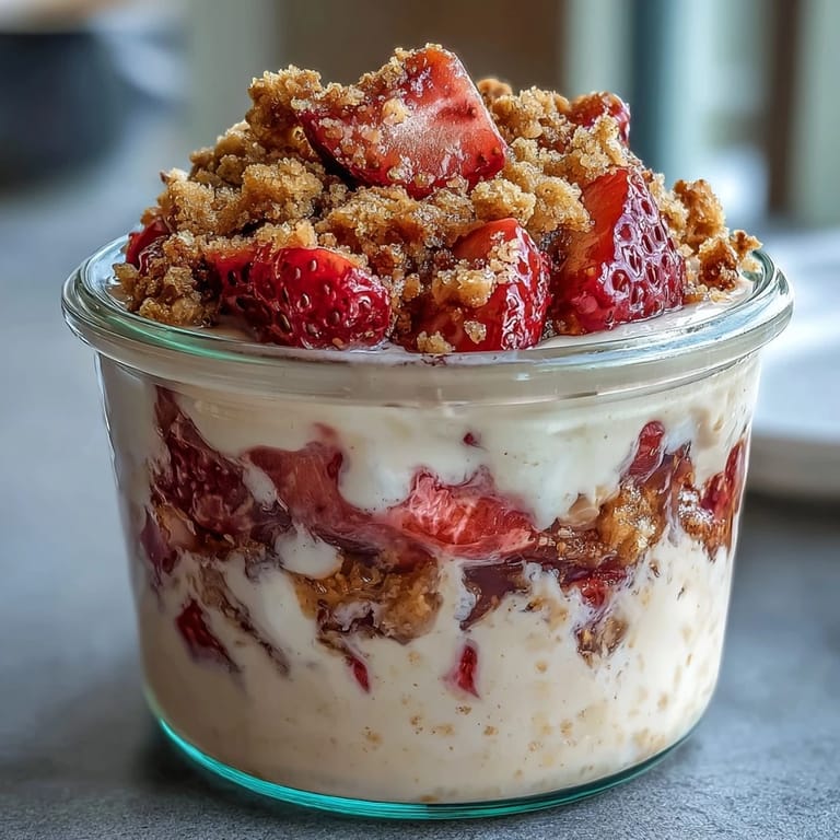 Rich and creamy strawberry cheesecake overnight oats with layers of fruit and a crunchy graham crumble, perfect for a no-bake morning treat.