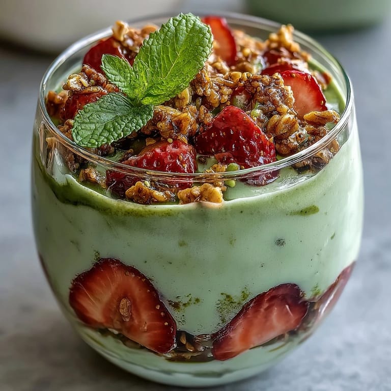 Refreshing strawberry matcha yogurt parfait topped with sliced strawberries and granola, perfect for a nutritious morning treat.  