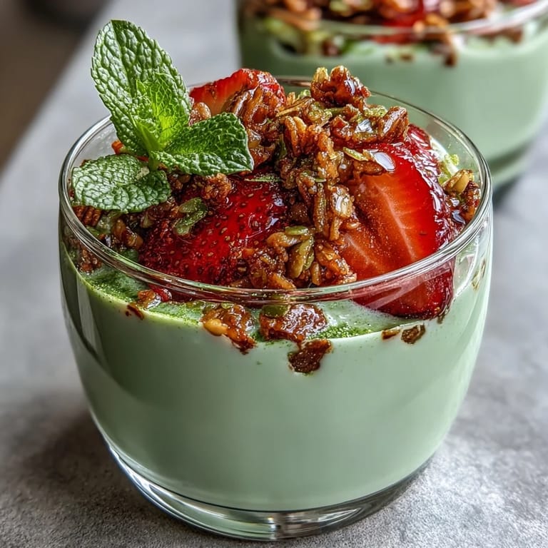 Layered matcha yogurt parfait with fresh strawberries and granola, garnished with nuts and mint for a colorful, energizing dish.