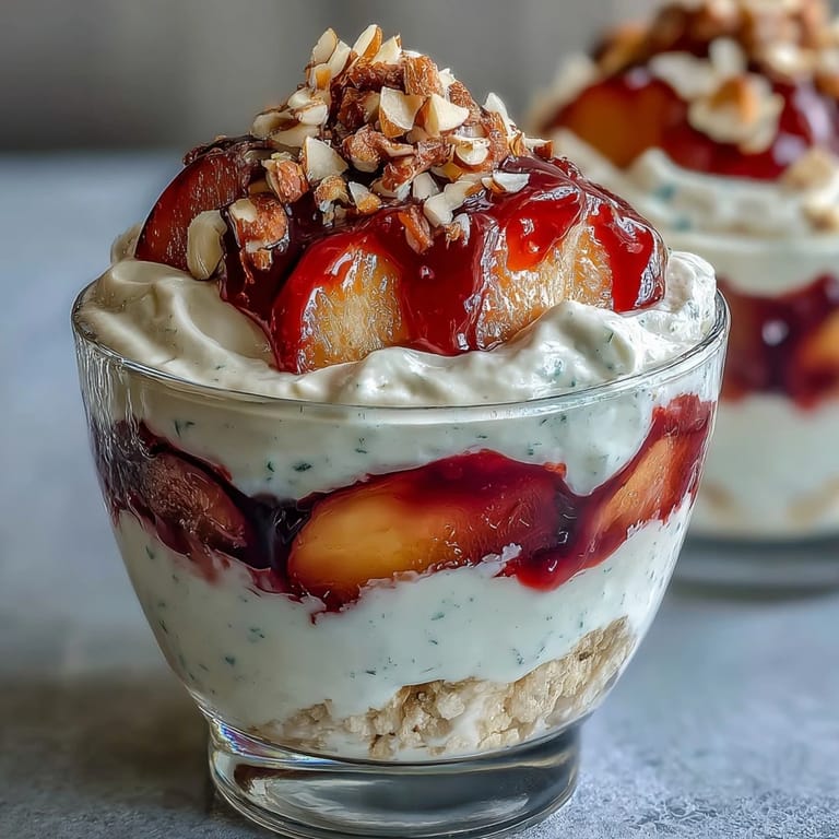 Layered Peach Melba Yogurt Cups featuring sweet peaches, tart raspberry coulis, and golden toasted almonds for a refreshing summer treat.
