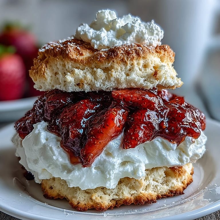 Classic strawberry shortcake features buttery biscuit halves layered with sweet strawberries and clouds of fresh whipped cream.