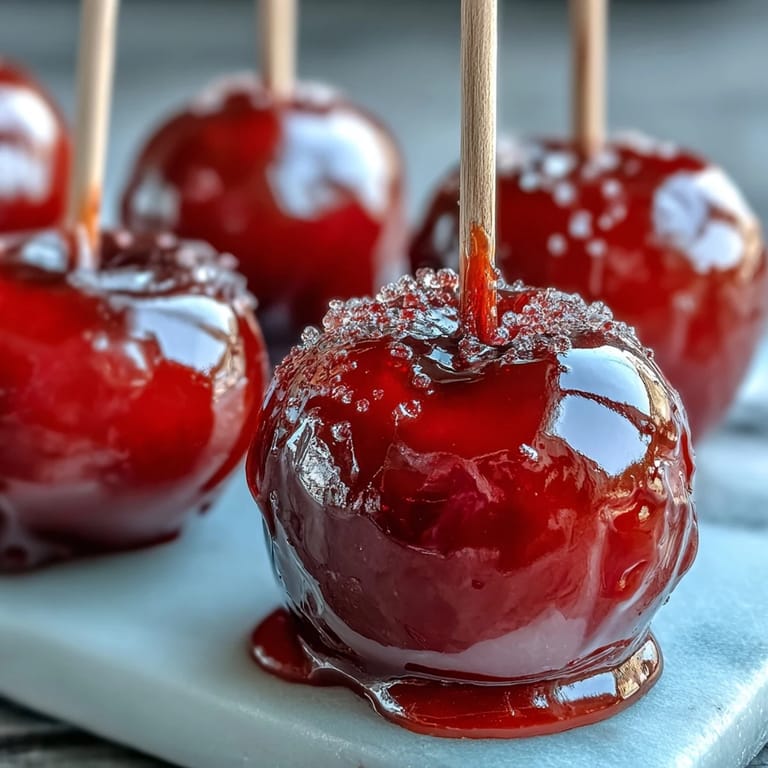Adorable mini candy apples on sticks, crunchy candy shell with vibrant red hue, ideal for autumn gatherings and sweet celebrations.  