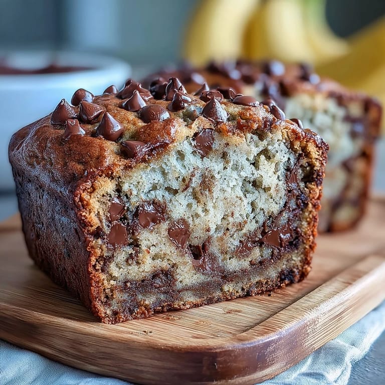 Nutritious protein banana bread with dark chocolate chips and cinnamon, offering a naturally sweetened treat for any time of day.