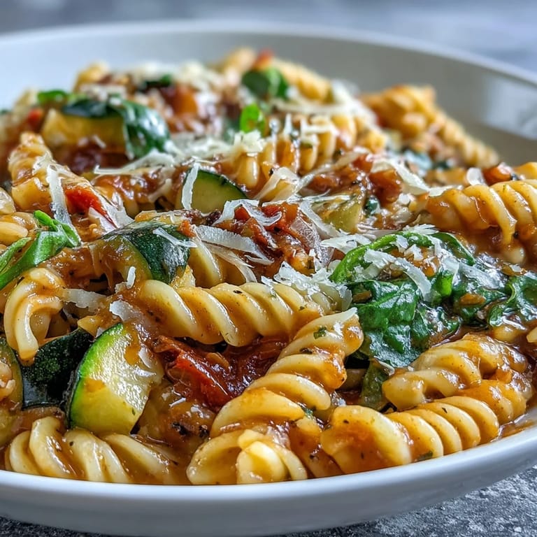 Easy one-pot vegetarian pasta with zucchini, bell peppers, spinach, and melted Parmesan cheese.