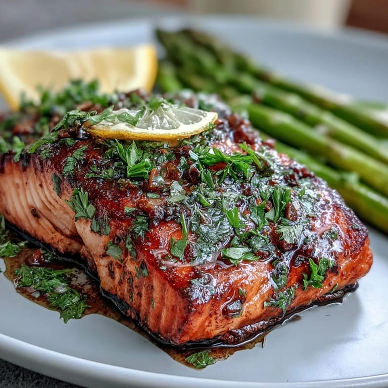 Vibrant salmon fillets topped with chopped parsley and chives, roasted alongside crisp green asparagus spears in a golden herb crust.