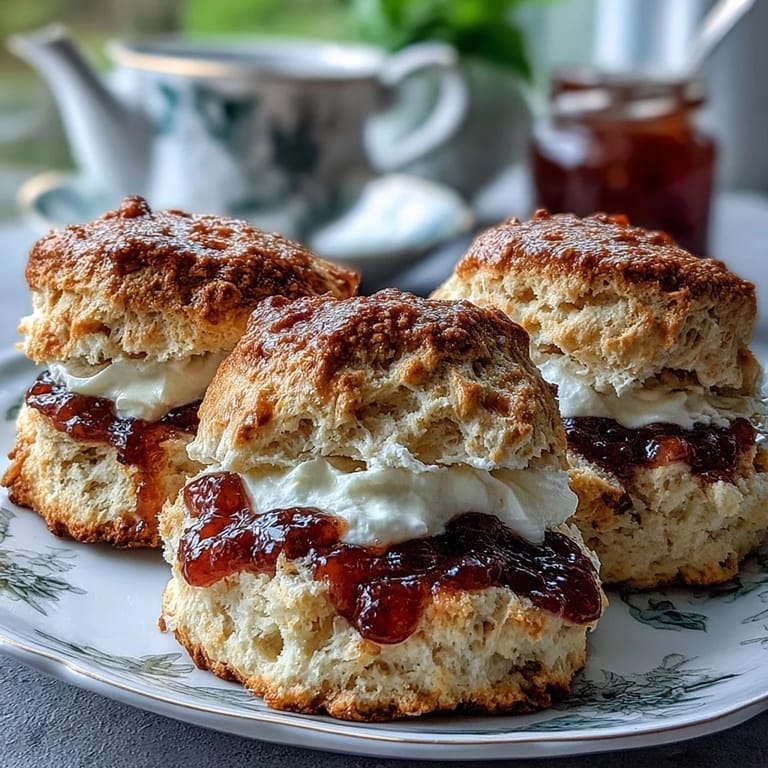 Classic British clotted cream and jam scones, freshly baked and served warm for a delightful springtime indulgence.