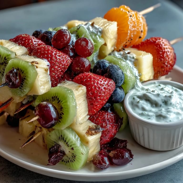 Vibrant rainbow fruit kabobs arranged on skewers, served with a refreshing honey-lime yogurt dip, perfect for festive St. Patrick's Day celebrations.