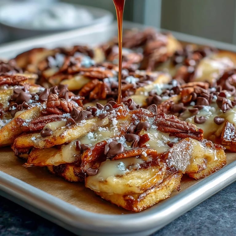 Candy Apple Nachos with Caramel Drizzle and Chocolate Chips: Fun dessert nachos featuring tart apple slices, rich caramel sauce, mini chocolate chips, and a sprinkle of sea salt.