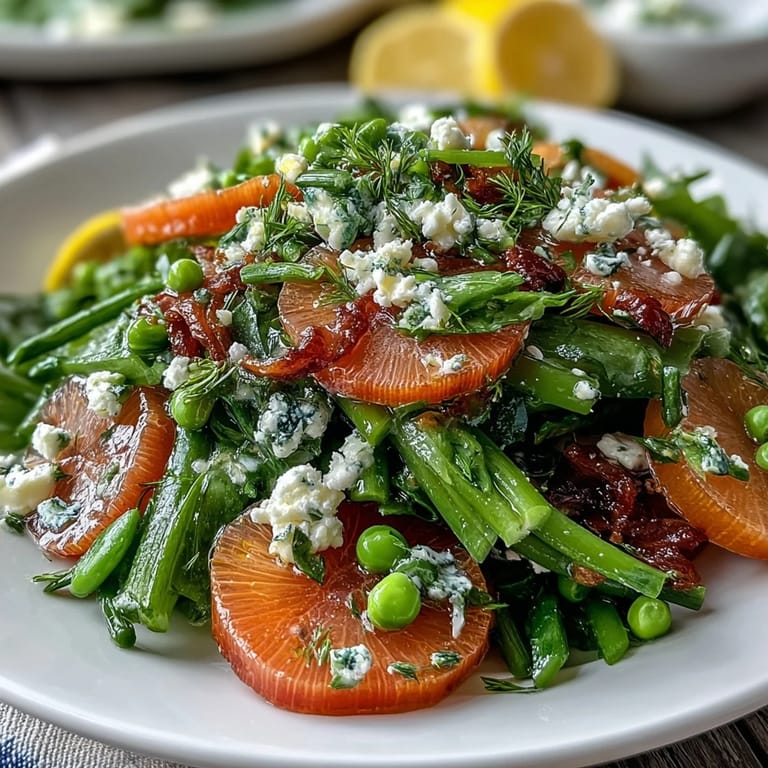 Fresh lemon vinaigrette coats tender spring greens, sliced radishes, and peas, topped with chives for a refreshing seasonal salad.