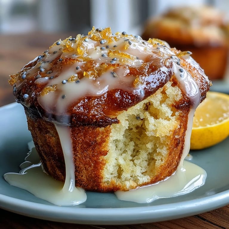 Golden muffins bursting with lemon zest and poppy seeds, drizzled with a tangy citrus glaze for a fresh, sweet treat.