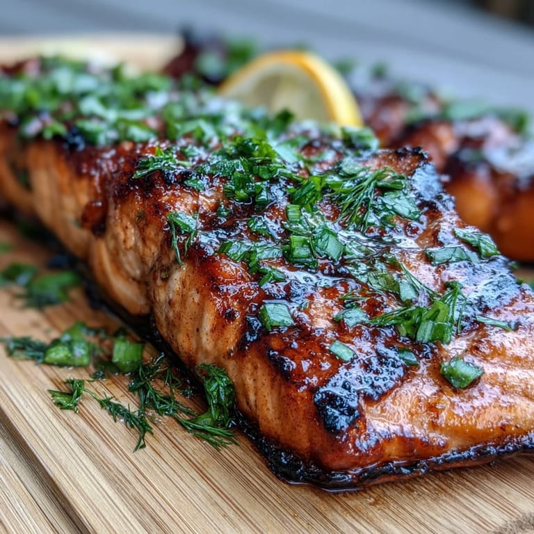 Juicy cedar plank salmon with lemon dill marinade, served hot off the grill with vibrant citrus.
